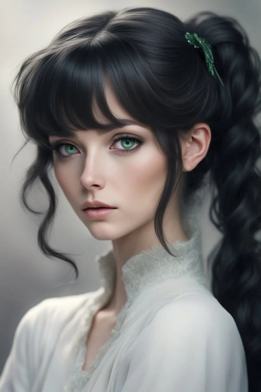 Slowly raising her head, she looked at him with expressive green eyes. Her black hair with gray highlights was wavy, gathered in a small ponytail, and pearl-shaped invisible hairpins to cover the bangs that hindered her eyes, decorated her delicate face.*