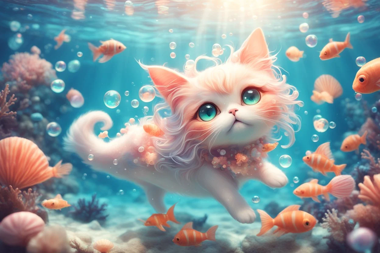 cute chibi dinamycally swimming antropomorph cat fairy in the sea, fishes, corals, shells, bubbles in sunshine, ethereal, cinematic postprocessing