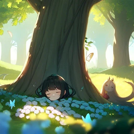 tiny anime girl sleeping in the distance, in a field of flowers, underneath a willow tree, with a butterfly on her nose