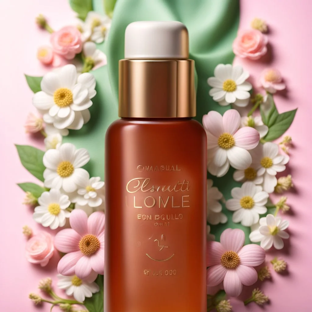 a small bottle for cosmetics on a beautiful floral background, high-quality picture, top view