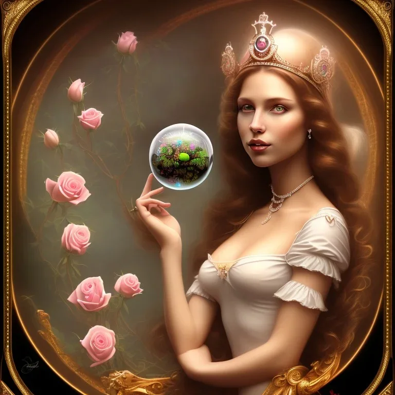 portrait borders glass sphere with Princess inside with big bobs long hairs black eyes no top roses