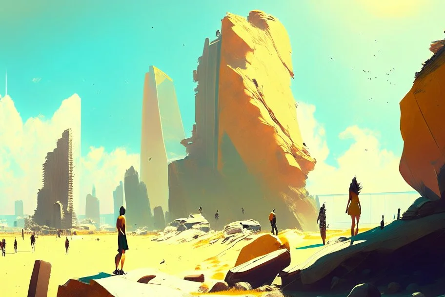 Sunny day, people, rocks, distant modern city