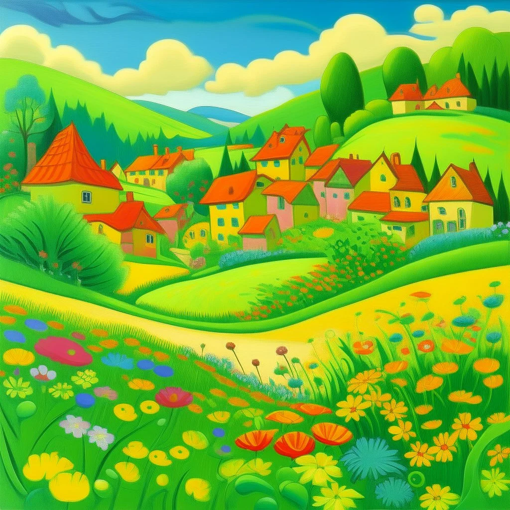 A green grassy town with flowers painted by Paul Ranson