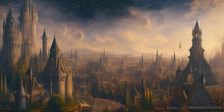 gothic painting of a victorian city in a fantasy starry night