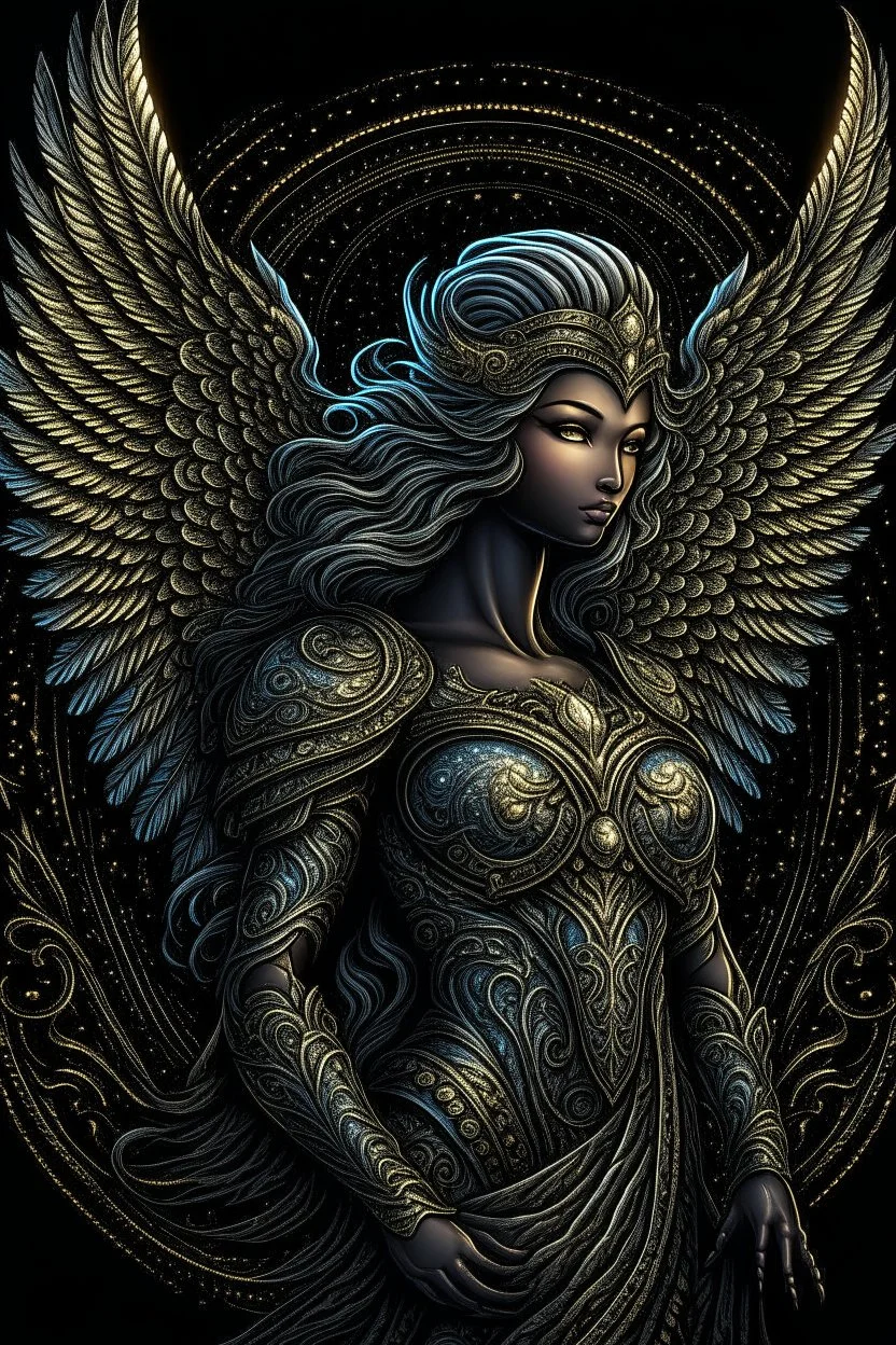 Ornate Angel design, T-Shirt Design, fantasy art, digital painting, clean dark background, 8K, HDR