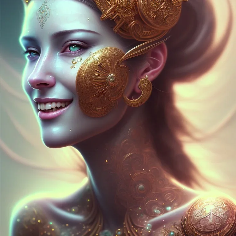 Portrait of woman, smiling, sango fantasy, fantasy magic, intricate, sharp focus, illustration, lot's of grain on the skin, tribal tatoos,highly detailed, digital painting, concept art, matte, masterpiece beauty space lady, one head, high key lighting, volumetric light high details psychedelic background