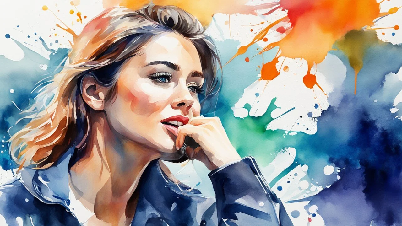 watercolor, gouache, acrylic, blots, beautiful woman talking on a smartphone, clear focus, high detail. 3d, 64k, high resolution, computer graphics, hyperrealism, f/16, 1/300 sec. digital painting, pop art,