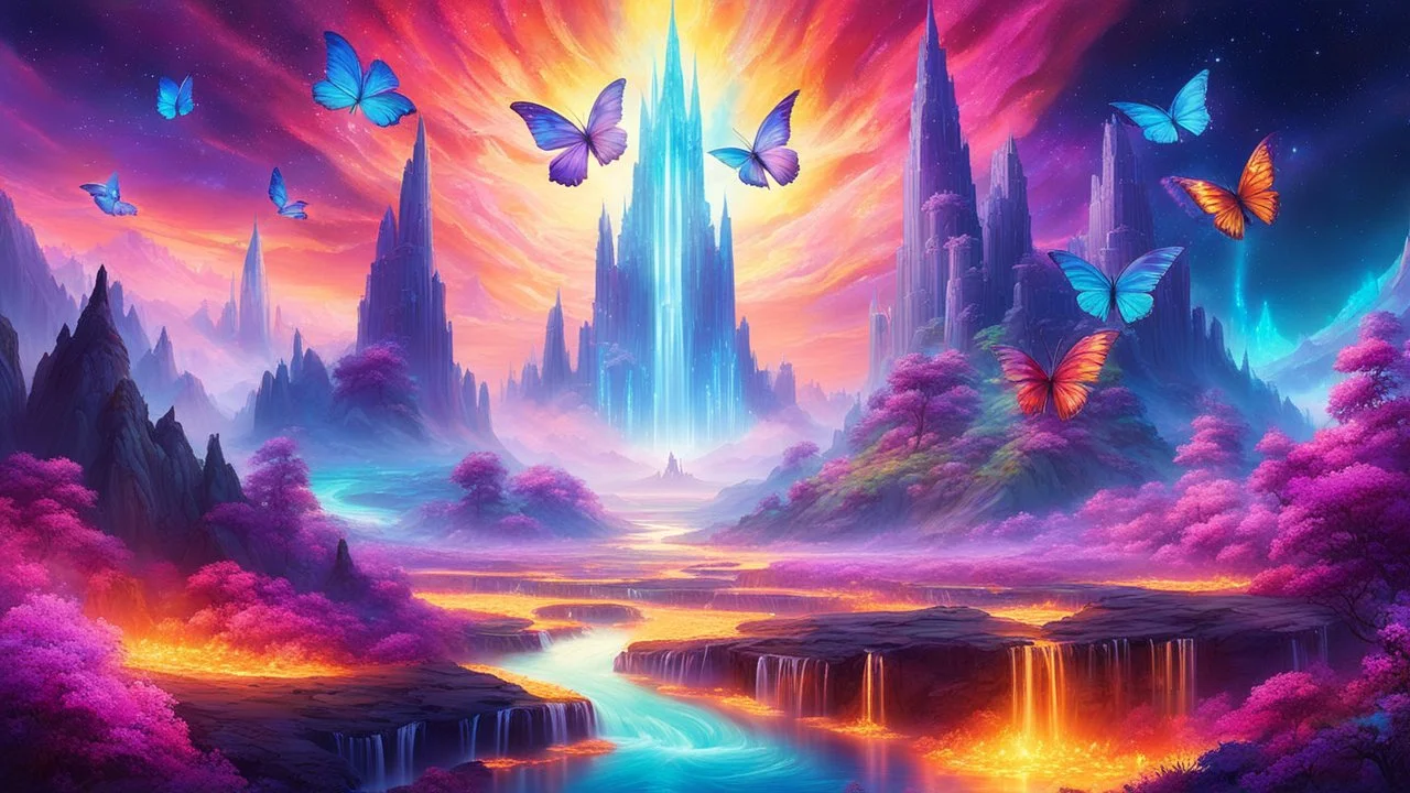 In a realm where colors ignite with energy, neon rivers wind through cloud valleys. Crystal spires pierce star-painted skies, and waterfalls of light cascade into vibrant abysses. Giant butterflies with fiery wings flutter amid floating islands of glowing flora, as energy dragons streak across the horizon. Welcome to the Chromatic Carnival, where every moment bursts with vibrant energy and every dream is a spectacle of color!