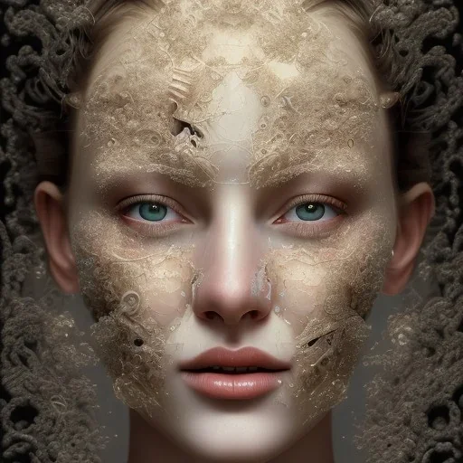 broken, cracked-open woman's face, fine detail, highly intricate, wearing bridal veil, modern surrealism painting, identity crisis, high-quality, volumetric lighting, 8k, ultrahd, George Grie, Marco Escobedo, Igor Morski