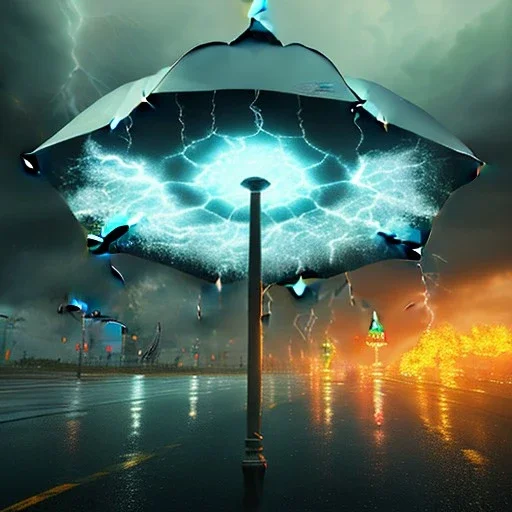 A giant umbrella. Big Open umbrella. open on a city street. Umbrella Fire. stormy day. lightning and storm clouds. Horizon. Dark sky, cascade, rain. Elegant. Extremely detailed. Award winning photography. Fantasy. 8k. Cinematic lighting. Photorealistic. Dynamic lighting. Imperial colors. Crisp quality. Unreal Engine. Colourful cinematic postprocessing.. VRay.