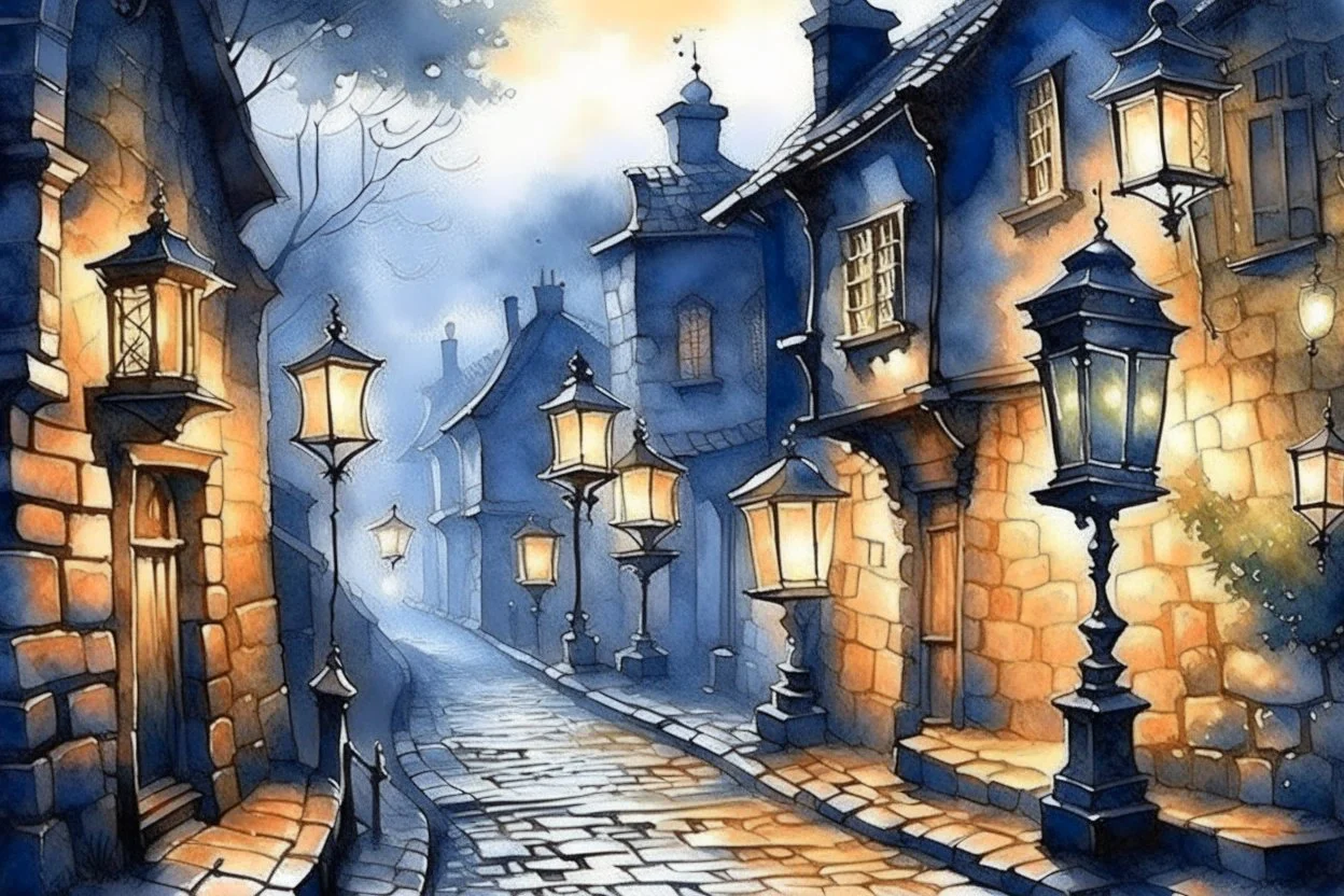 Prompt: a lantern glowing softly on a cobblestone street, mist swirling, with old Victorian houses lining the path, watercolor, mysterious, nocturnal