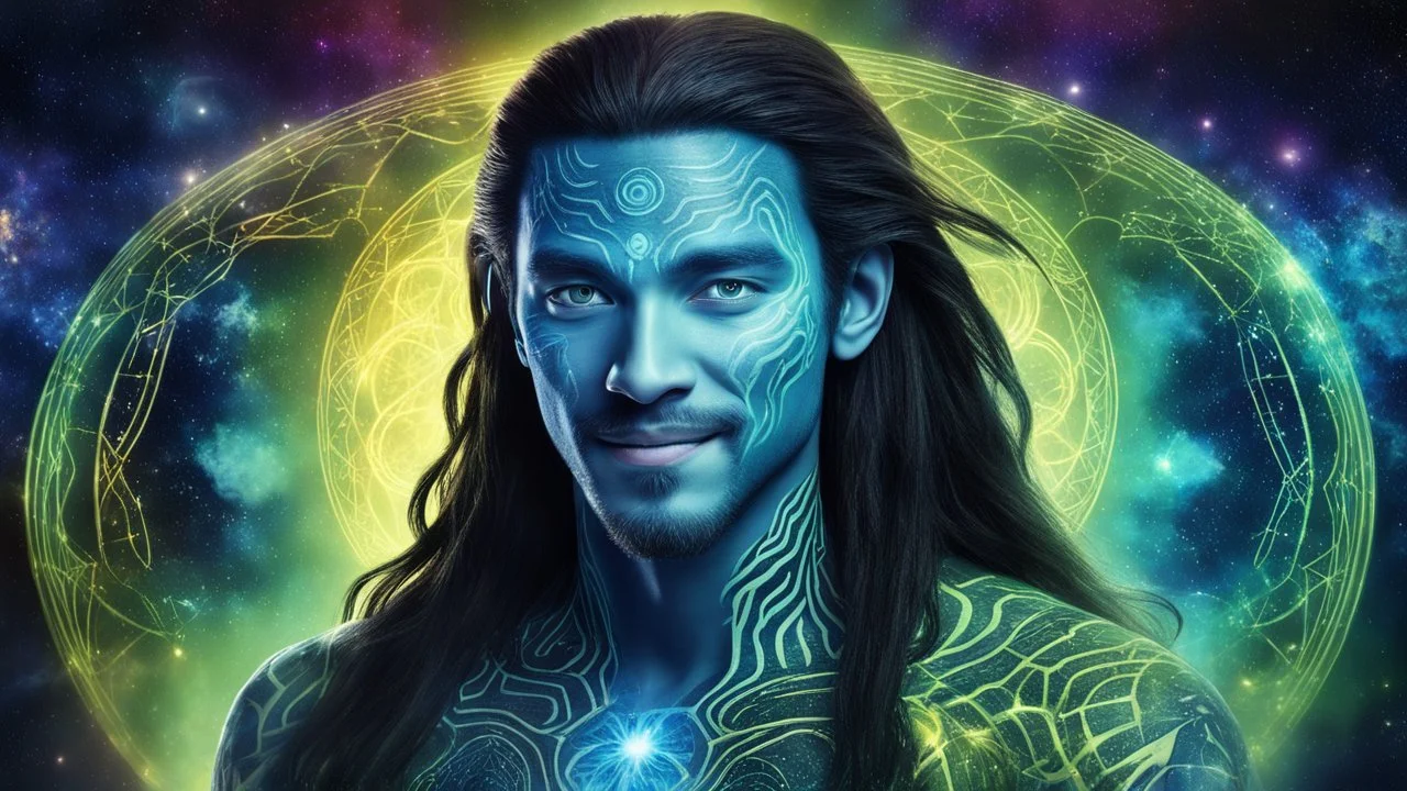 beautiful gorgeous young man na'vi with long hair, Avatar, blue skin, two small ears, green eyes, black hair, in cosmic suit, galactic ambiance, medium pointy goatee , smiling, nebulas and sacred geometry light figures on the backgroud,