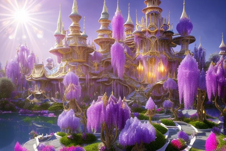 a magical crystal flower lys bougainvillier, arbor of pink wisteria, blue gold house crystal castle in wood of a lot of pink wisteria,blue lake,sun,white swanns,pink vertical, blue lake,sharp, vines, candlelit, endor, ornate, elegant, highly detailed, artstation, concept art, smooth, sharp focus, illustration, 8k, splash art, wallpaper, key visual