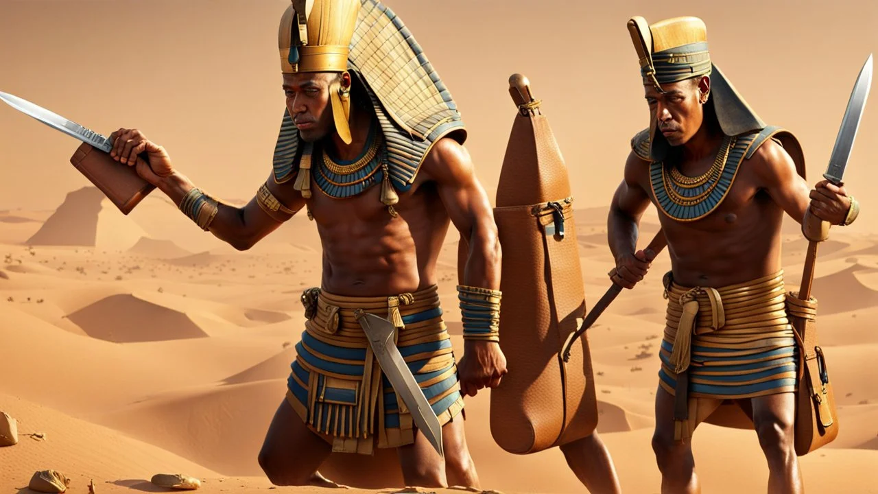 Pharaoh soldiers tear open leather bags with knives and take them out