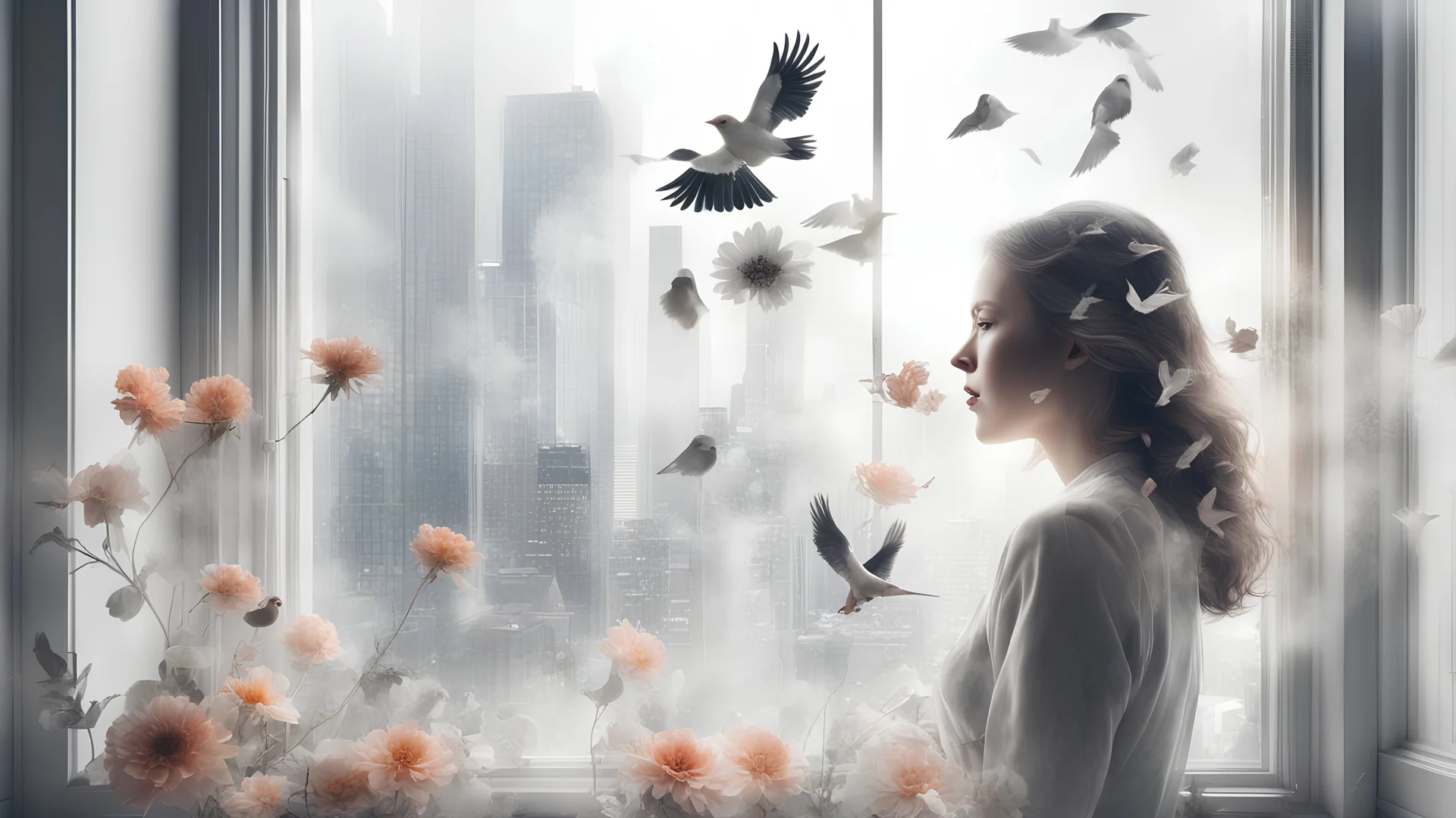 white background, Double exposure, woman, city, window, bird, flower, room, detailed, high detail, high resolution, 8K, Double exposure