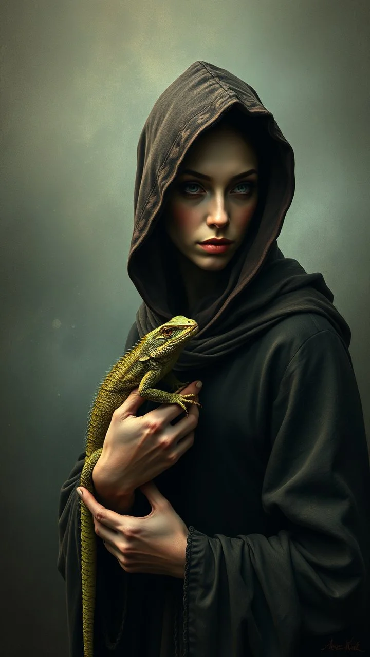 Hieronymus Bosch and Van Gogh styles , a hooded woman holding a lizard looking at you In foggy smoky background