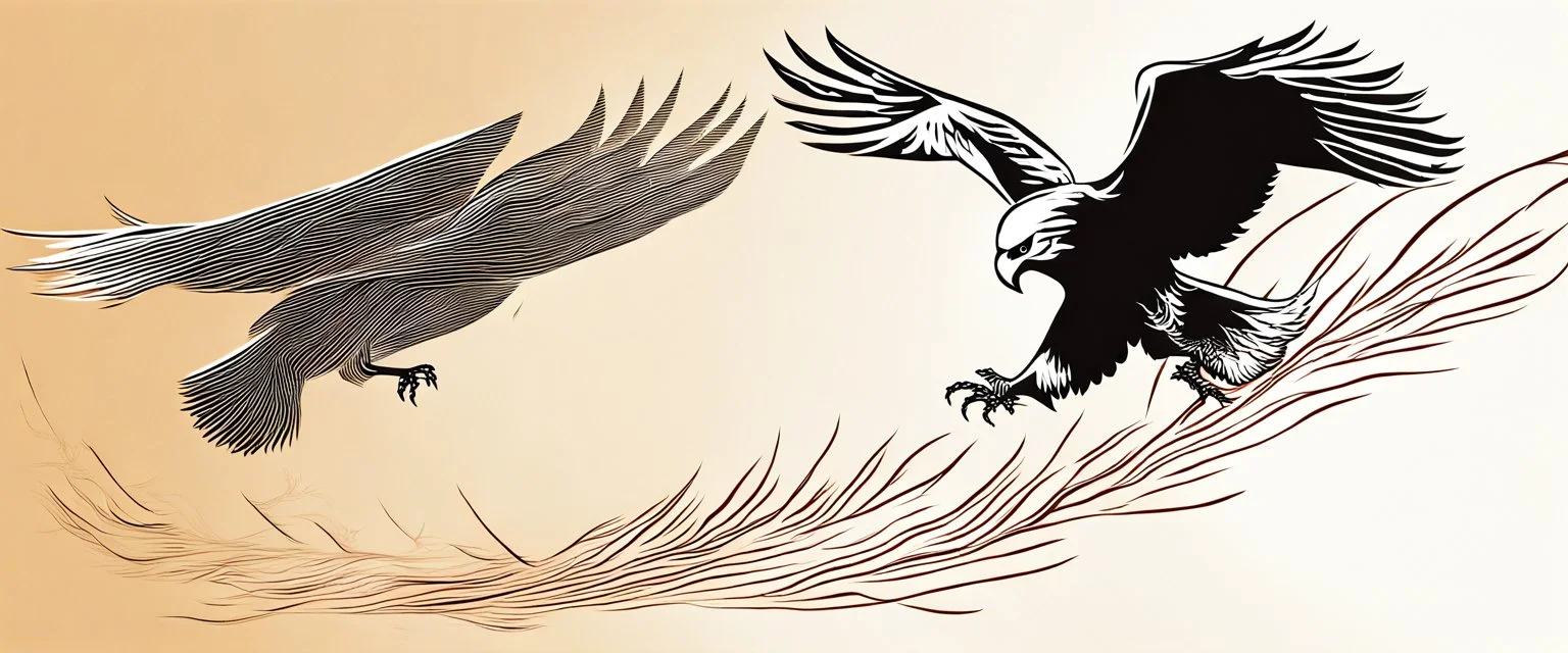 2 birds being chased through the air by an eagle, they each trail a graphic line behind them, and lost feathers, vector