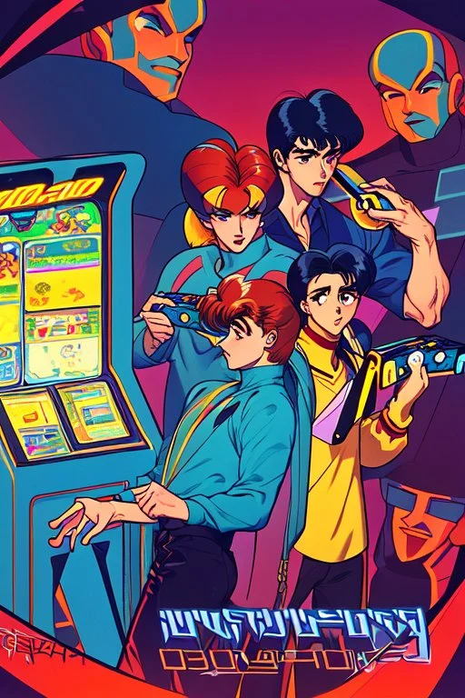 a millineal teenage boy is playing video arcade games, bright colored clothes from the 90s, hairstyles of that time