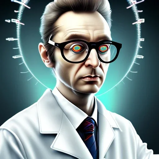 mad scientist with big eyes and thick glasses, white cell tower in background