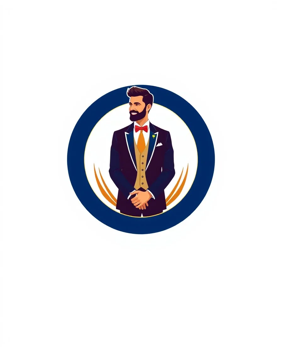 A circular logo with a vector of a groom in a suit at the top of the logo in a blue, red, white and gold color theme.