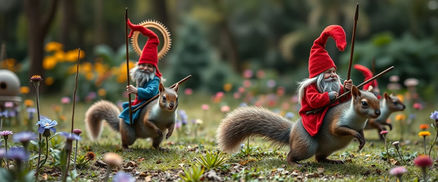 depth of field, halo, blue and red clothed gnomes riding squirrels with lances in garden of eden in the style of Escher and Giger