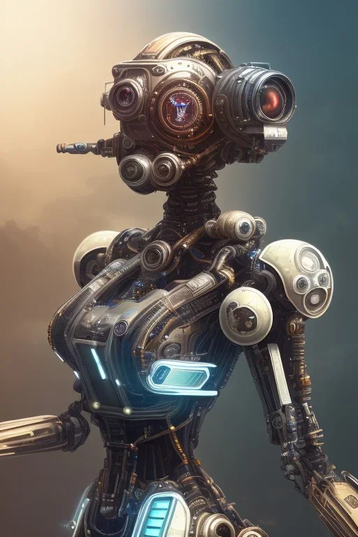 a beautiful full frame portrait digital painting of futuristic gaspunk robot, wide angle view, close-up, macro lens, centered camera, titanium accents, intricate details, small minutiae, tiny features, particulars, colorful, 8k, least ambient occlusion, volumetric lighting, volumetric clouds