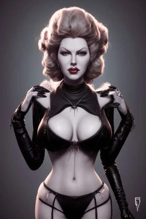 Lana Turner as evil queen in black leather, leather, busty, cleavage, angry, stern look. character design by cory loftis, fenghua zhong, ryohei hase, ismail inceoglu and ruan jia. unreal engine 5, artistic lighting, highly detailed, photorealistic, fantasy