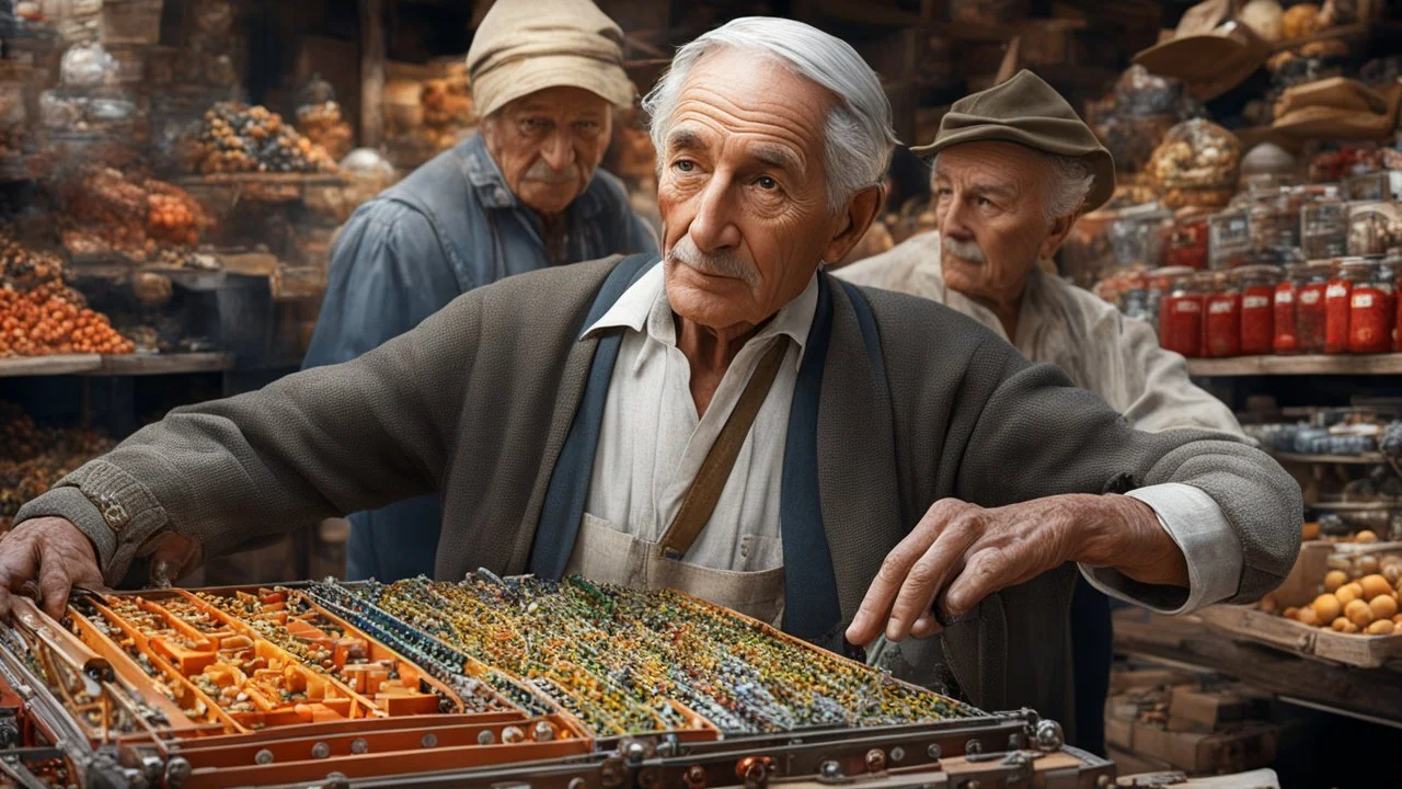 elderly male market trader selling Meccano, showing his head and upper body, perfect eyes, perfect anatomy, exquisite composition, beautiful detailed intricate detailed octane render, 8k artistic photography, photorealistic, soft natural volumetric cinematic perfect light, chiaroscuro, award-winning photograph, masterpiece, raphael, caravaggio, bouguereau