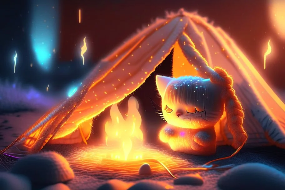 Against a dark cracked holographic marble background, a cute chibi plushy fluffy knitted and embroidered cat, tent, campfire, pond, mist and fog in sunshine, drawn in orange glowing neon lines. The cracks in the background are golden. Ethereal, cinematic postprocessing.