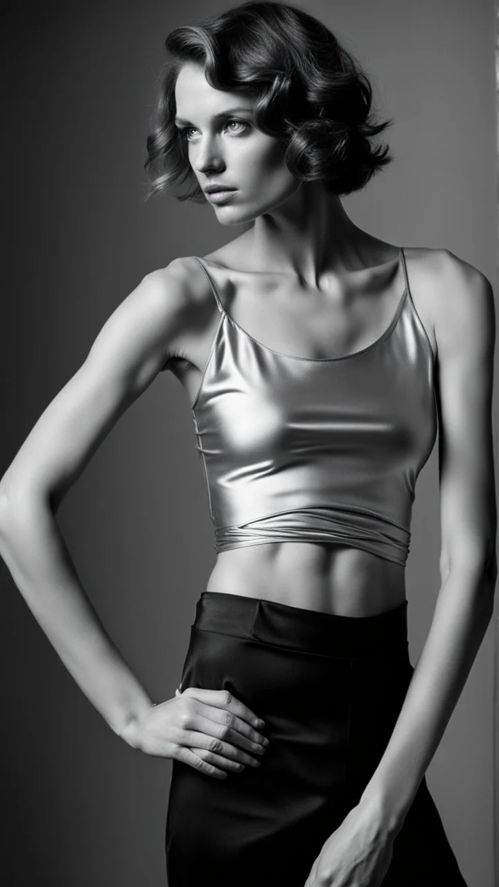 photography of a beautiful anorexic woman, silver satin top, sports illustrated, short wavy bob haircut, pronounced sternum