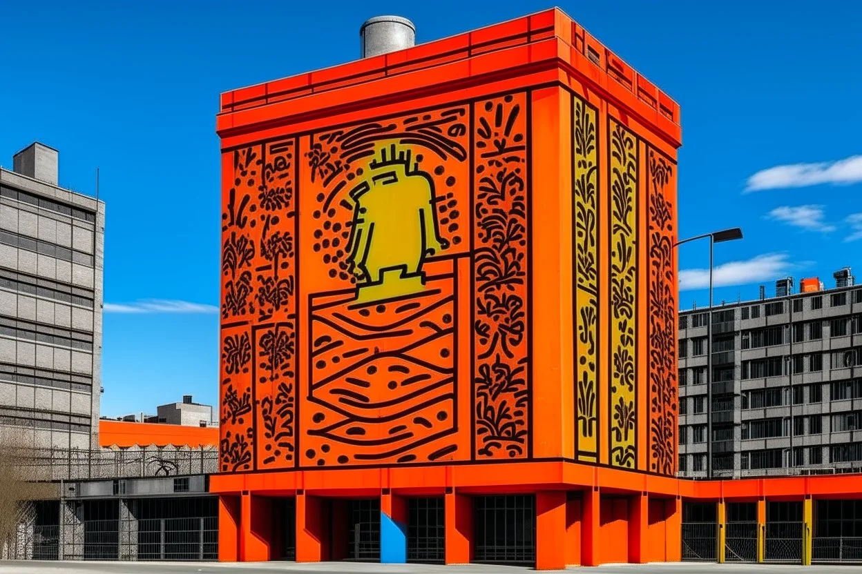 An orange colored tower in an electrical city painted by Keith Haring