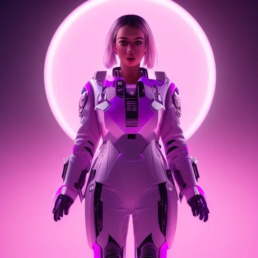 Cute girl, Sci-fi character, white suit, purple backlight, pink and purple, scifi suit, profile, purple background, pink lighting, futuristic