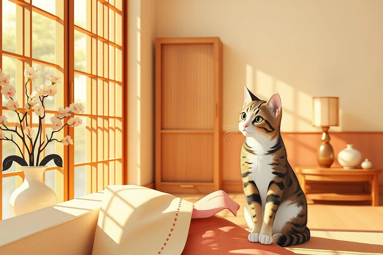 papercut, ukiyo-e, 3D characters, an elegant pretty young woman in an elegant beige-white-brown room S<AI in sunshine, cute tabby cat