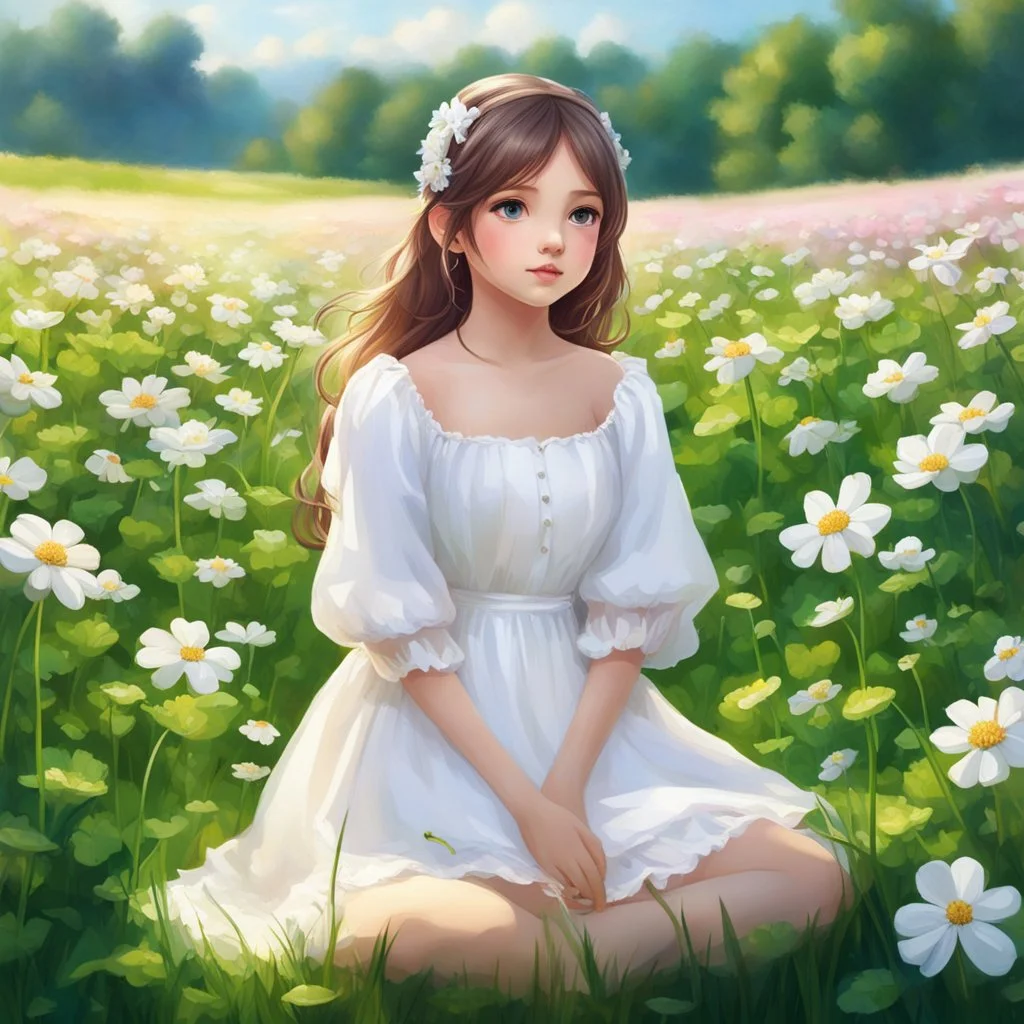 a girl in a white dress sitting in a field of clovers, portrait of girl in flower field, girl sitting in a flower field, girl standing in flower field, realistic cute girl painting, girl frontal in a flower field, in a grassy field, sitting in a field of flowers, cute anime girl portrait, portrait anime girl, girl standing in a flower field