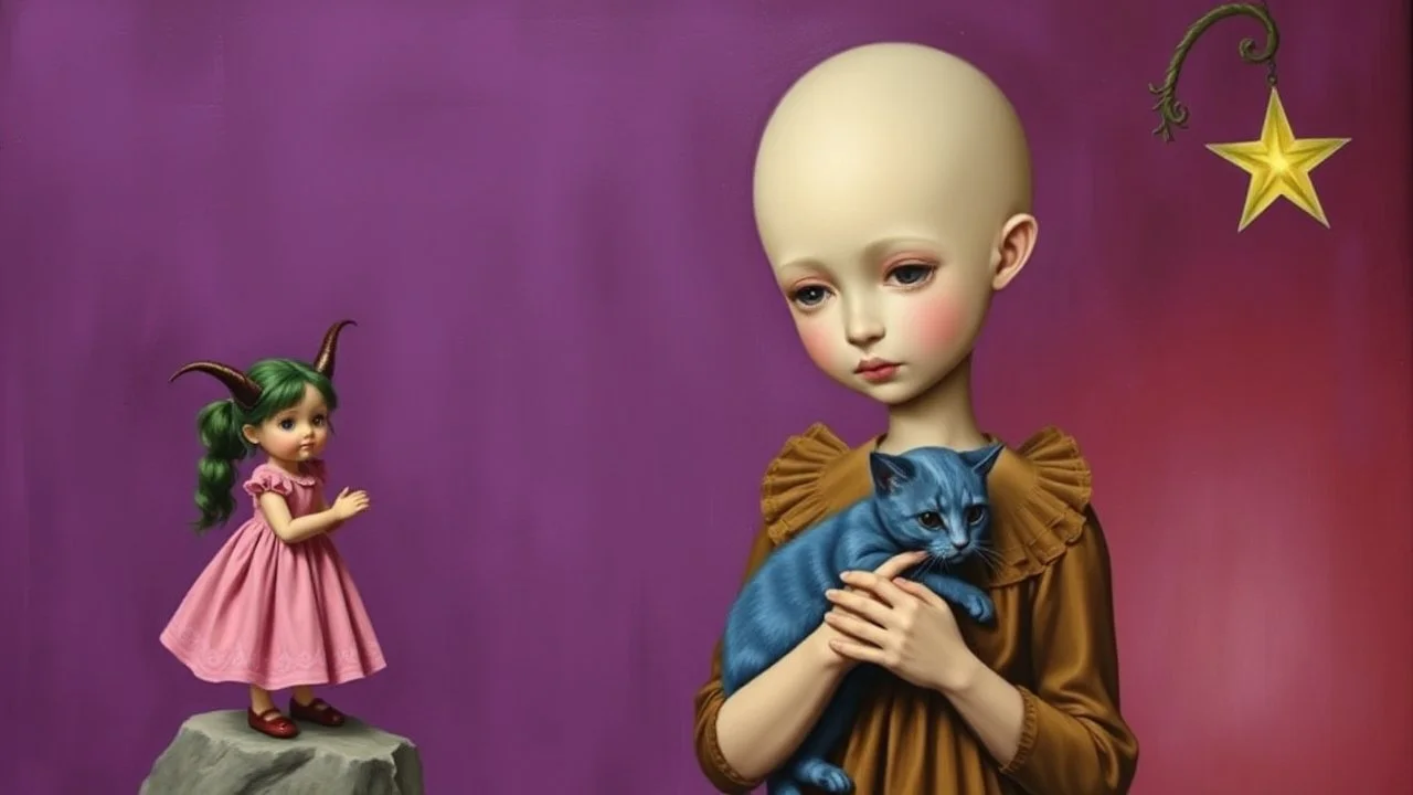 The image is a painting of a young girl without hair and a pale complexion. She is wearing a brown dress with a ruffled collar and is holding a small blue cat in her arms. The girl is standing in front of a purple background with a star-shaped light fixture on the right side. On the left side of the image, there is a small doll wearing a pink dress with green hair and horns on its head. The doll is standing on a rock and appears to be holding the girl's hand. The overall mood of the painti