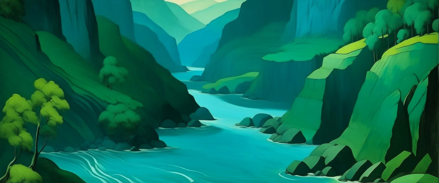A greenish blue river with gorges designed in Heidrun manuscripts painted by Lyonel Charles Feininger