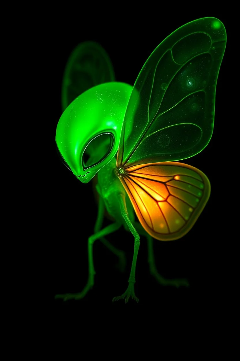 A transparent, hollow, glowing, butterflie a side view photo , 8k, high resolution for a big head alien in dark green