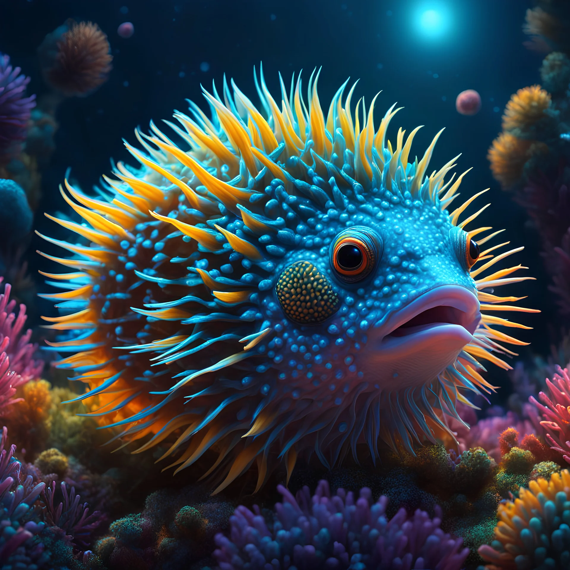 pufferfish,colorful8k resolution concept art, Greg Rutkowski,SIXMOREVODKA, pastel color, Nighttime Lighting, digital illustration, 4K, Hyperdetailed, Intricate Details, 3D shading, Art of Illusion