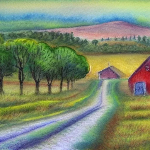 gravel road, farm, outside village, pastel colors, watercolor