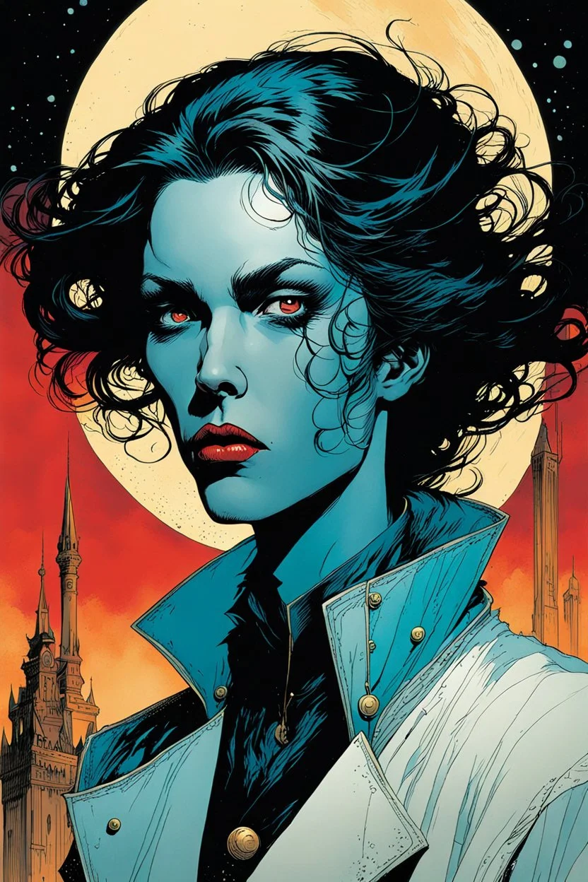 create an ethereal, otherworldly vampire time traveler , in the comic book art style of Mike Mignola, Bill Sienkiewicz, and Jean Giraud Moebius, with highly detailed feminine facial features , finely inked , dramatic natural lighting