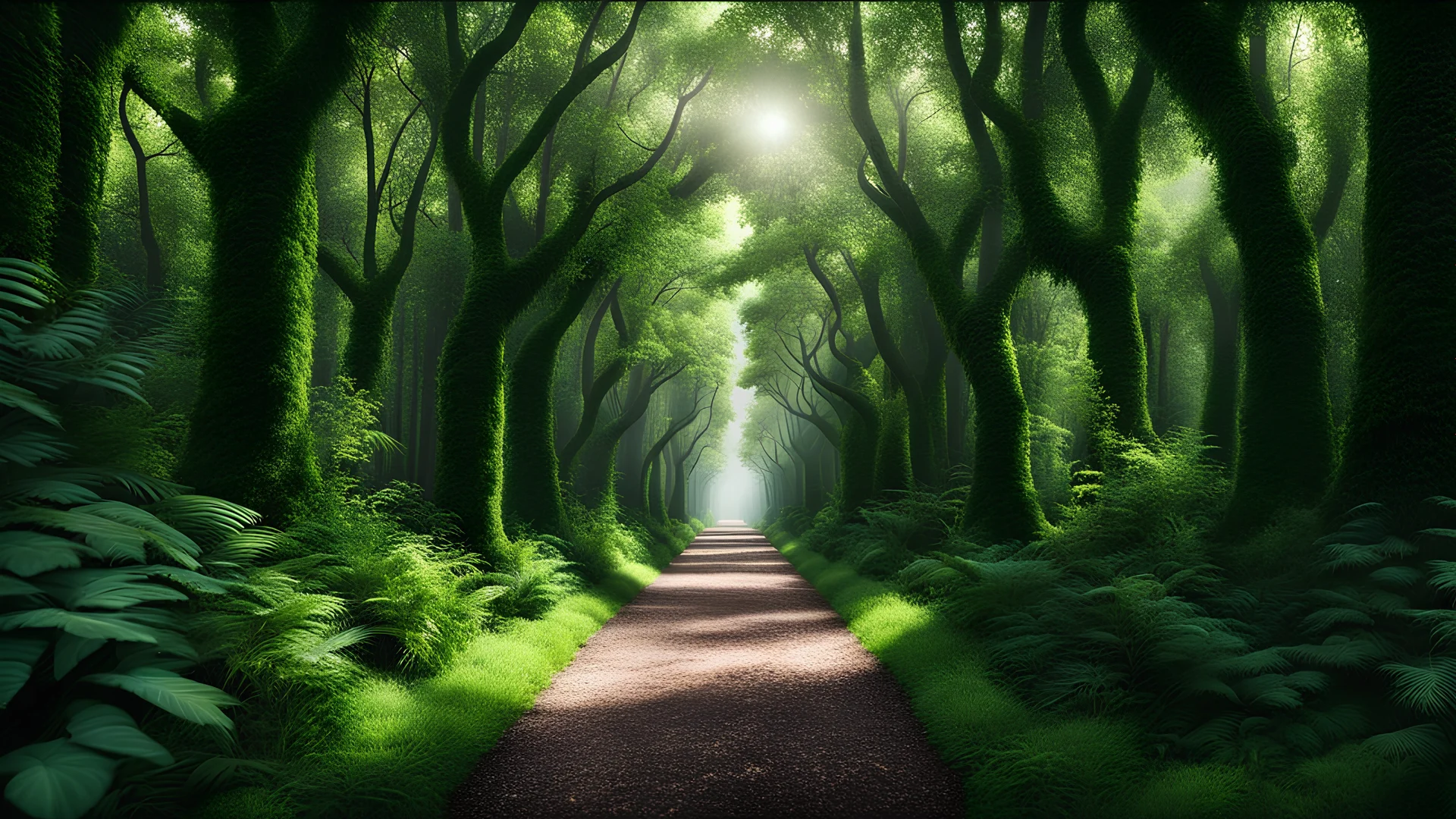 Create beautiful Intricate lush real Forest Alley one point perspective symmetry real shot, Aim for hyper-detailed 8K resolution