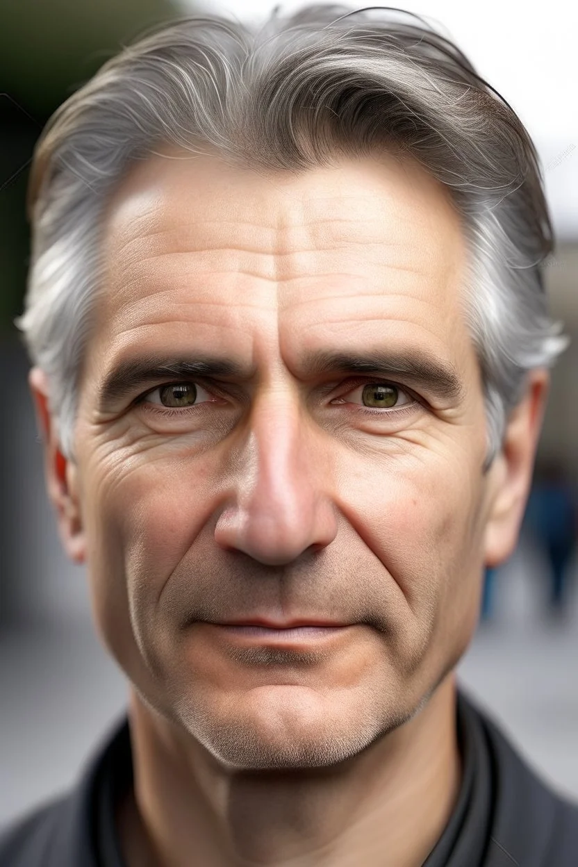 realistic, (44yr old male)without makeup, Caucasian face, studio lighting, cinematic light, handsome man, middle hair, no smile, (head frame), on light background, curiously complete, elegant, close to perfection, dynamic, highly detailed, non-symmetrical body a, detailed natural oily hair and skin texture.