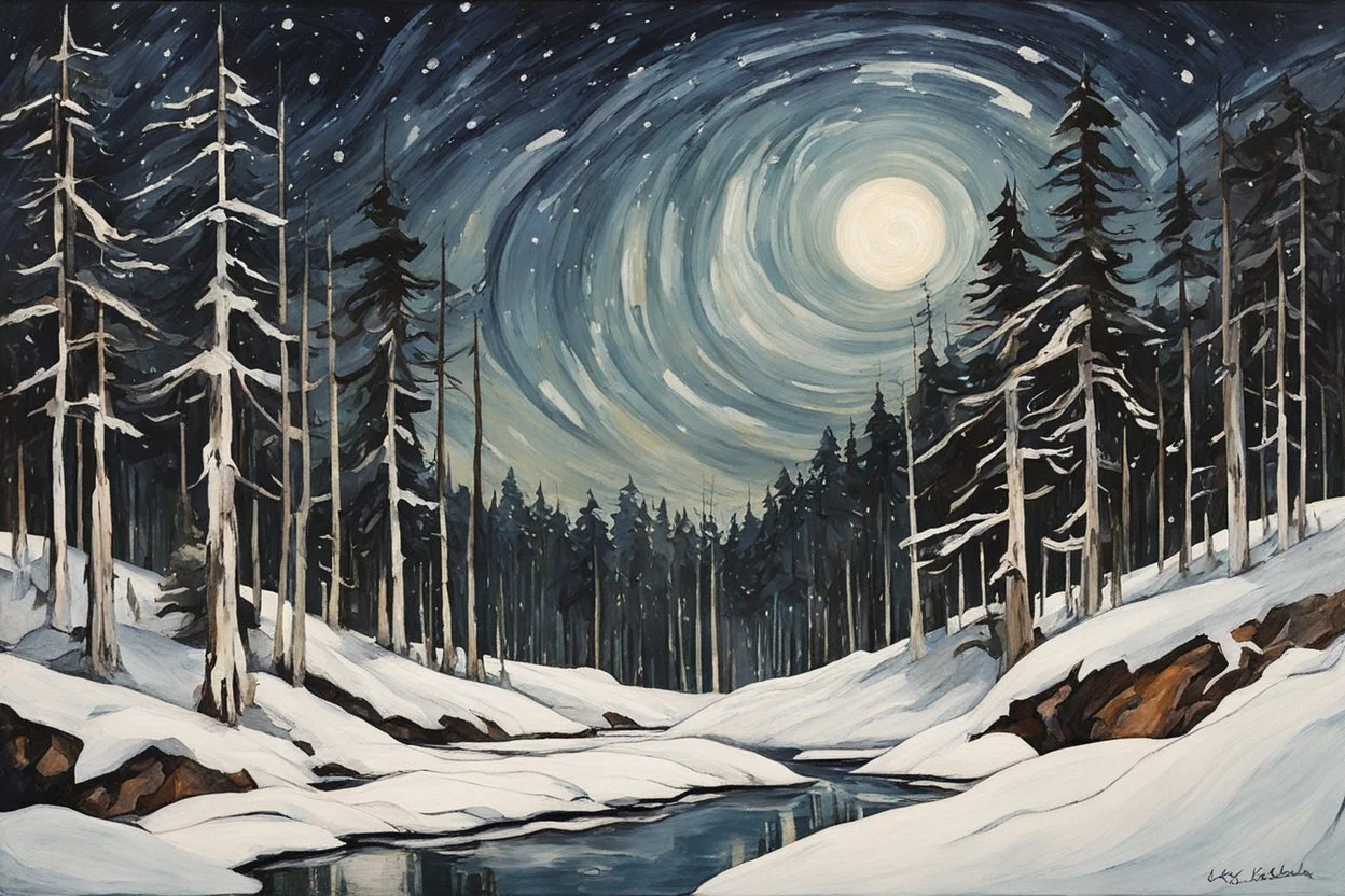 Painting of a snow draped haunted coastal cedar forest , beneath a star strewn winter night sky, in the Expressionist style of Egon Schiele, Oskar Kokoschka, and Franz Marc, in muted natural colors