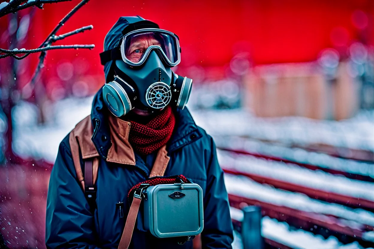 close up documentary photography, Calgary, Respirator, scientist, Dystopian, Hyper detailed, realistic, Extreme depth of field, bokeh blur, winter, Alberta, all-natural, in the style of candid, Captured on lustrous Kodak Vision3 Color Negative Film 500T 5219, 2030