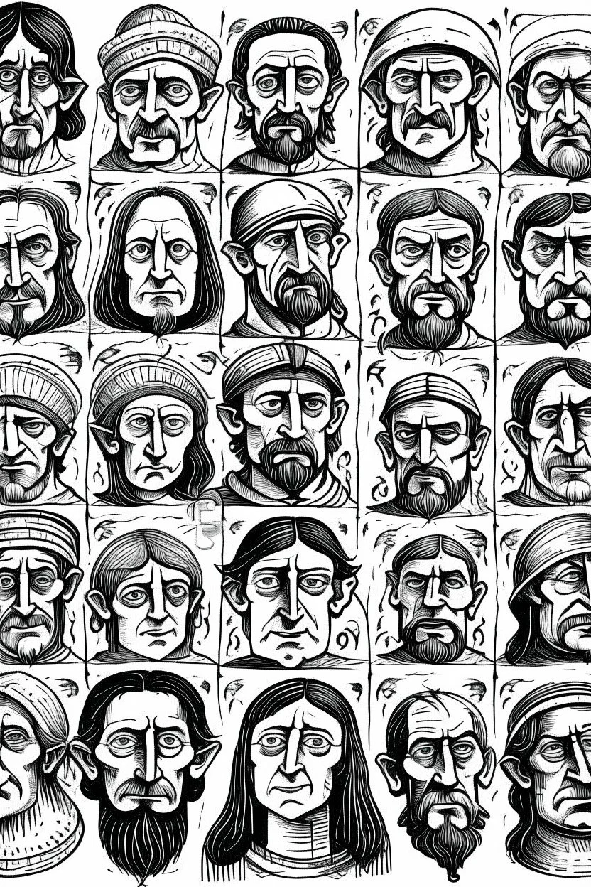 diferent medieval faces of diferent medieval people with diferent expressions, some dramatic, somo happy. the style is minimal black and white stamp. in the sheet there are more than 5. very diverse court memebers and everyday people. man, woman, kids. white background