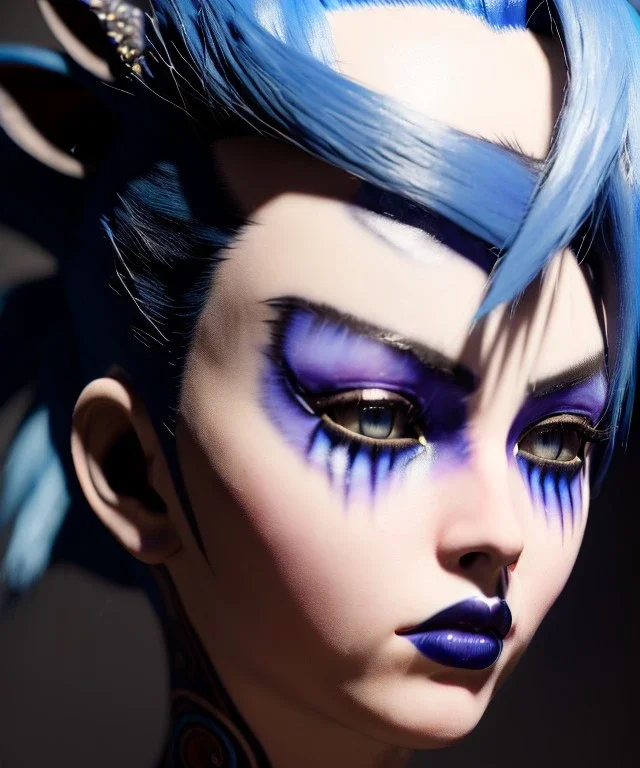 miqo'te character, wild blue hair, ominous, facepaint, waist up portrait, intricate, oil on canvas, masterpiece, expert, insanely detailed, 8k resolution, retroanime style, cute big circular reflective eyes, cinematic smooth, intricate detail, soft smooth lighting, soft pastel colors, painted Renaissance style