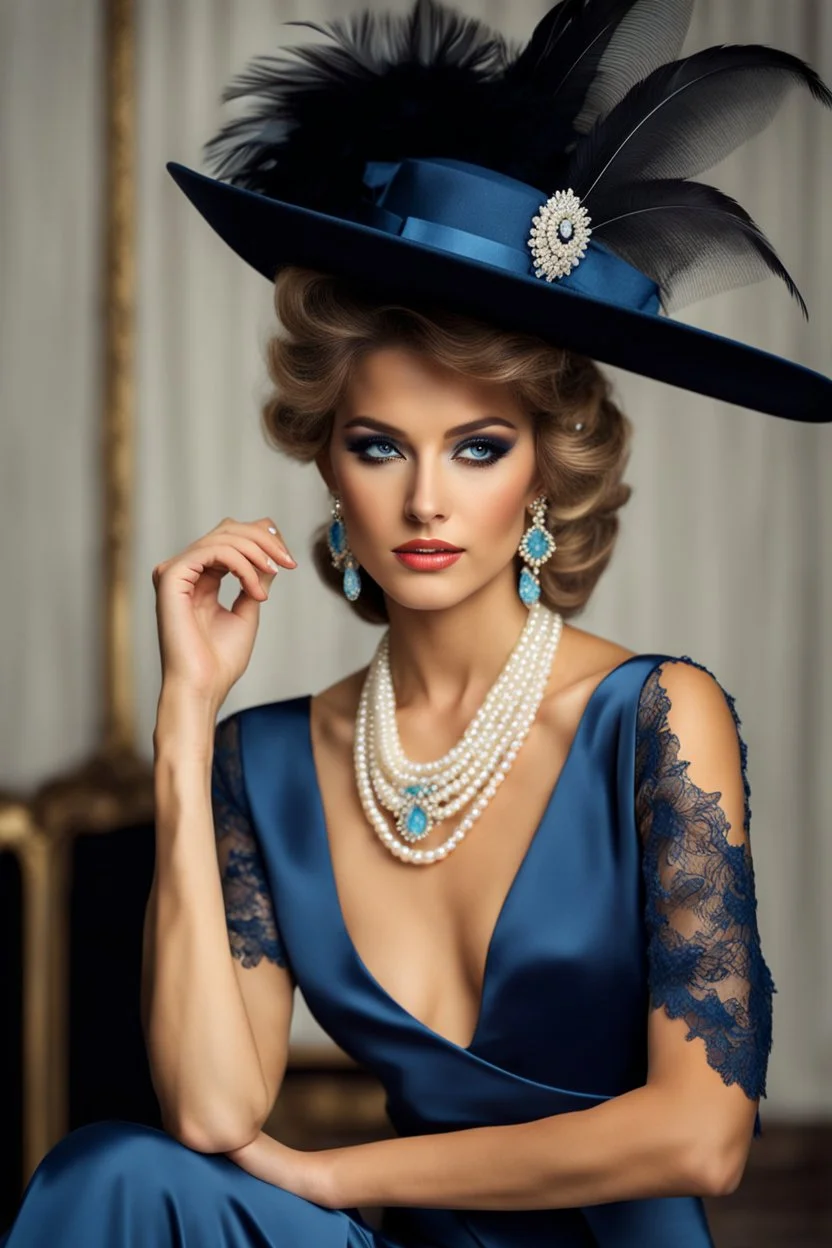 full body beautiful girl, elegant blue lace clothes of the 80s, luxury style, small elegant hat with feather, hair of the 80s, pearl necklace, earrings masterful, beautiful face