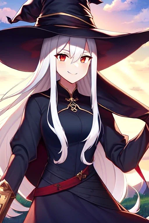 girl, masterpiece, best quality, cinematic lighting, detailed outfit, vibrant colors, perfect eyes, long hair, white hair, red eyes, witch outfit, smile, angry, landscape,