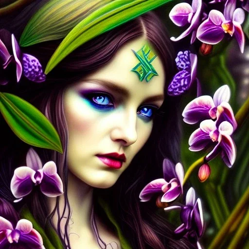 fae, sidhe, ominous, nature, orchids, dnd character portrait, intricate, oil on canvas, insanely detailed, 16k resolution, retroanime style, perfect eyes, round pupil, cinematic smooth, intricate detail , soft smooth lighting, soft pastel colors, painted Renaissance style