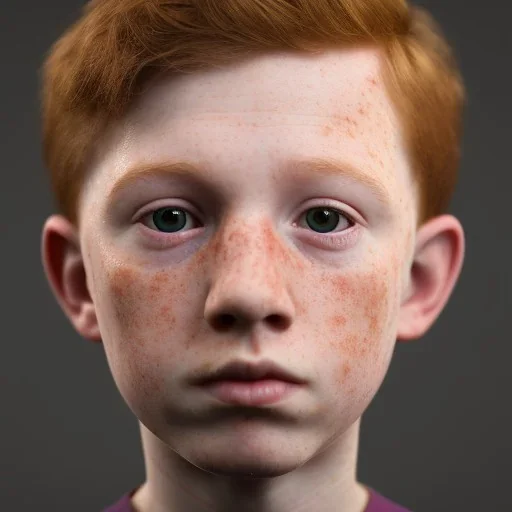 short redheaded boy/kid with a long face and freckles, realistic, 8k, curly bangs.